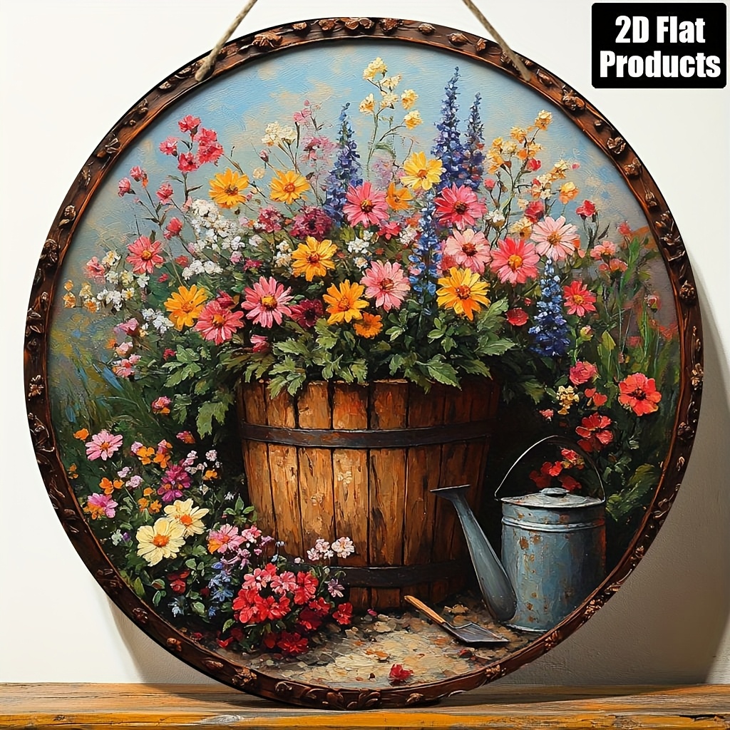 Gardening Tools Store - ป้ายไม้ตกแต่งทรงกลม 2 มิติ 1 ชิ้น ลายเครื่องมือทำสวนและดอกไม้