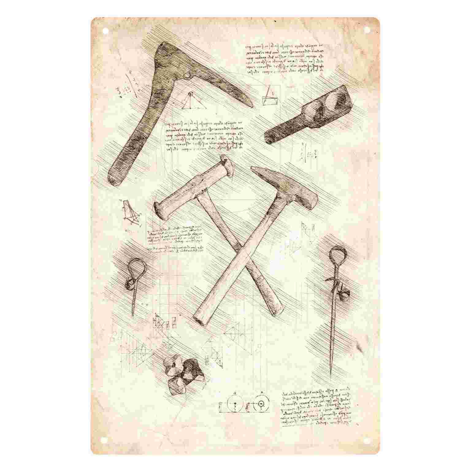 Gardening Tools Sketch - ป้ายโลหะตกแต่งผนังลายค้อนวินเทจ 2 มิติ 1 ชิ้น สำหรับตกแต่งบ้าน
