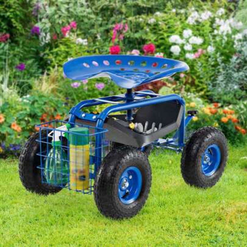 Gardening Tools For Seniors - รถเข็นสวนพร้อมที่นั่งทำงานแบบมีล้อเลื่อน พร้อมถาดใส่เครื่องมือและตะกร้าเก็บของ รถเข็นปรับระดับความสูงได้พร้อมล้อหมุน 360 องศาสำหรับปลูกต้นไม้และกำจัดวัชพืช รถเข็นโลหะสำหรับงานหนักสำหรับสนามหญ้า